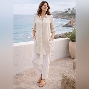 Tahari 100% Linen Beige Button-Down Tunic Shirt Women’s M length 31”